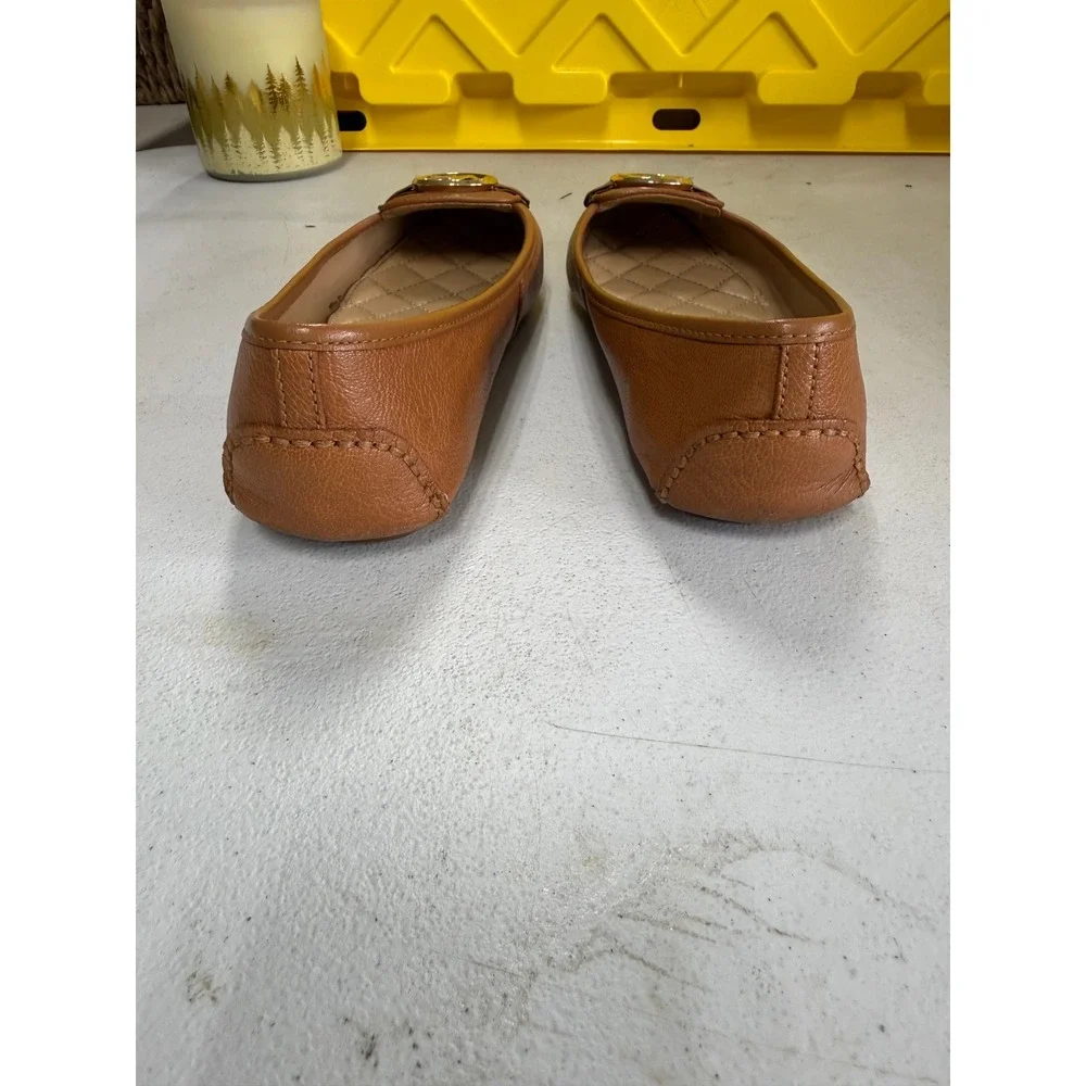 Michael Kors Lillie Moc Brown Pebbled Leather Flats‎ Gold MK Logo 8M 40R9LIFP2B